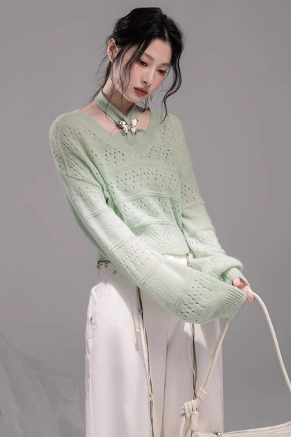 Frühlingsgrünes Strickwesten-Zweiteiliges Set