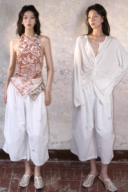 Three-Dimensional Floral Striped Pants