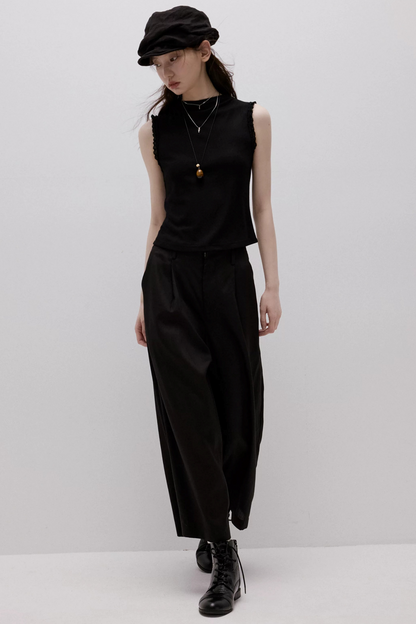 Imitation Linen Black Cropped Pants
