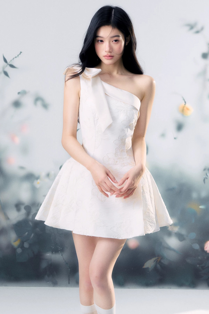 Floral Bow One-Shoulder Dress