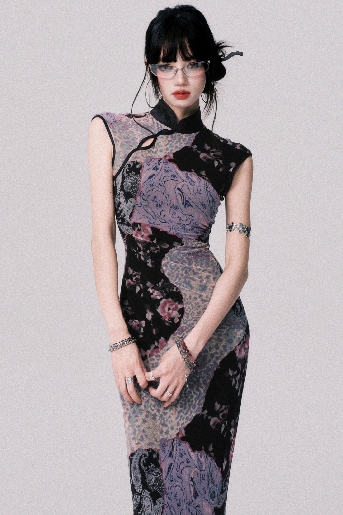 Smokey Purple Color-Blocked Cheongsam Dress