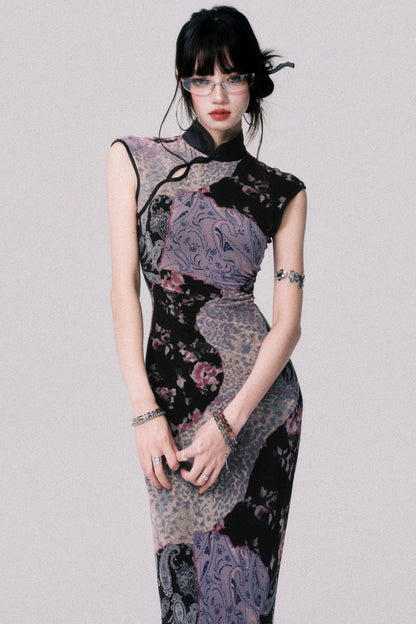 Smokey Purple Color-Blocked Cheongsam Dress