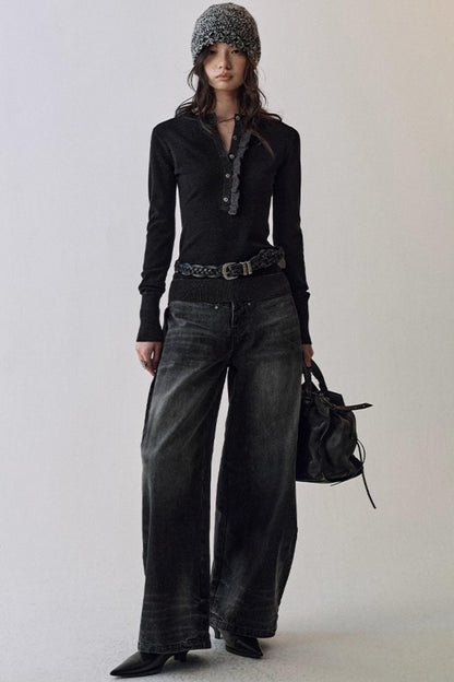 One-Sided Ruffled Crew Neck Knit Top