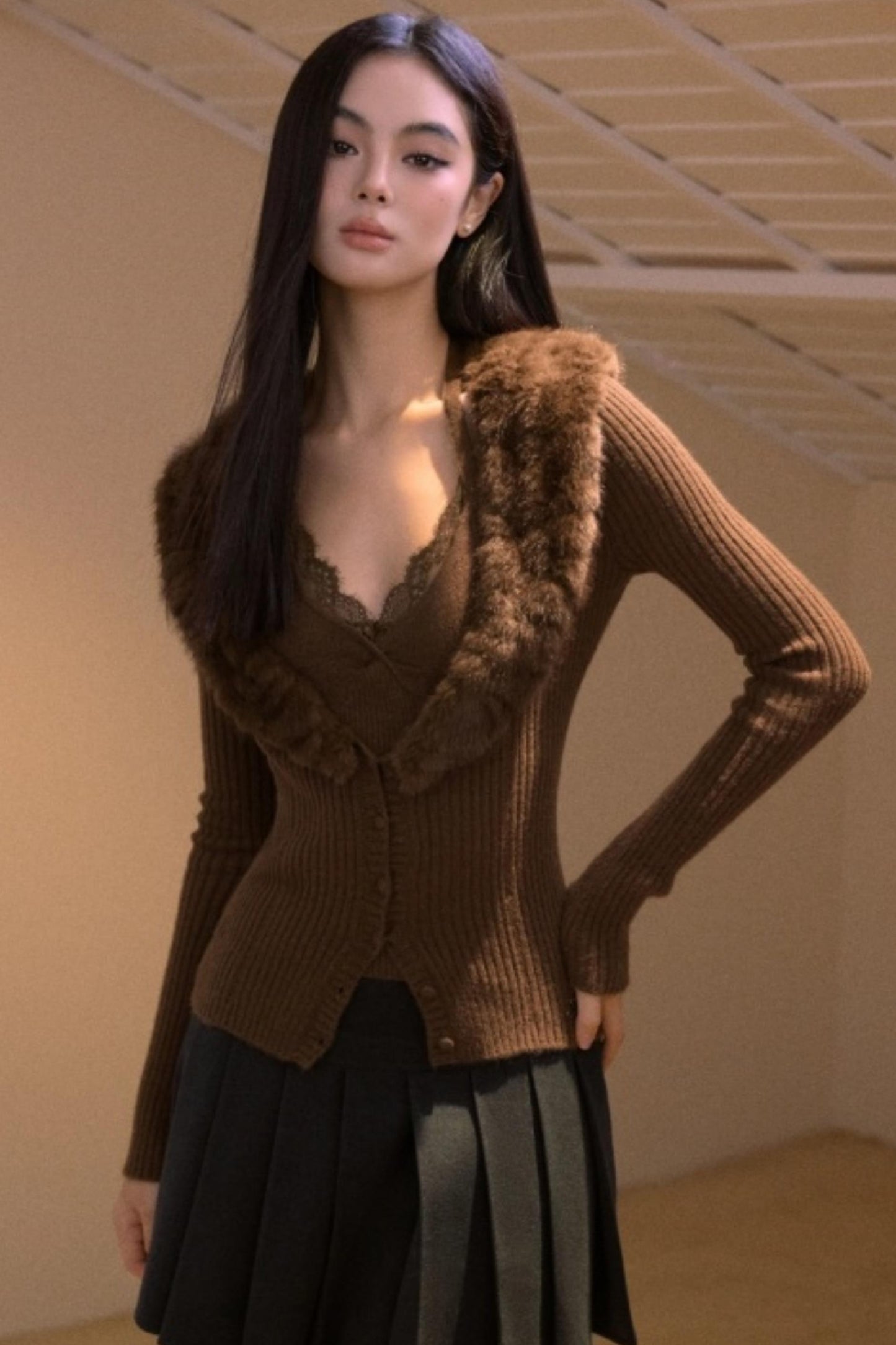 Vintage Fur Collar Knit Cardigan Set