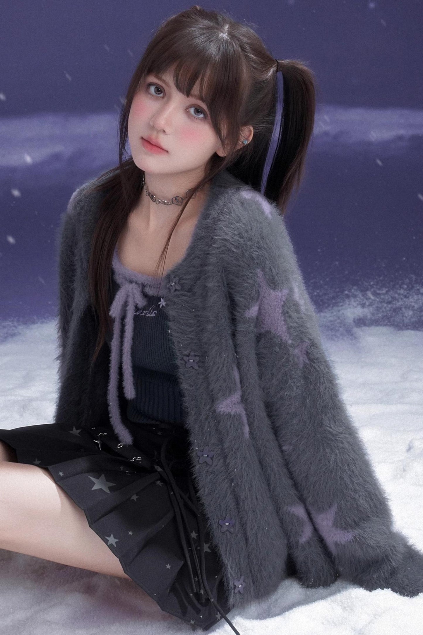 Gray Purple Star Plush Jacket Set-Up