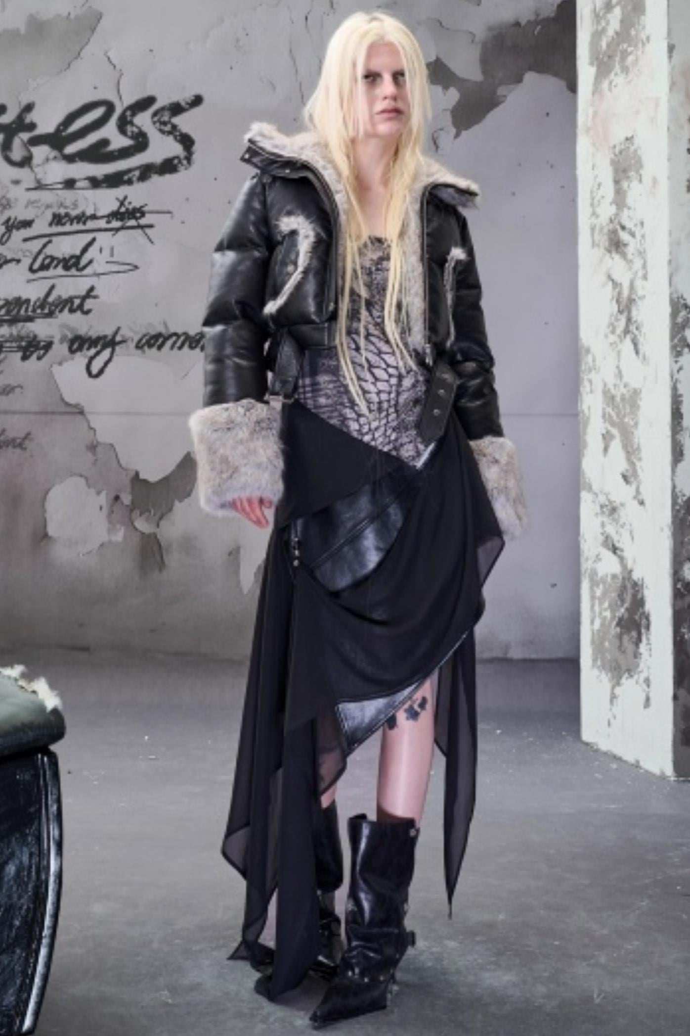 Chiffon Panel Ruffled Irregular Leather Skirt