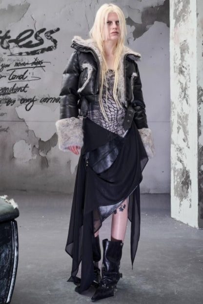 Chiffon Panel Ruffled Irregular Leather Skirt