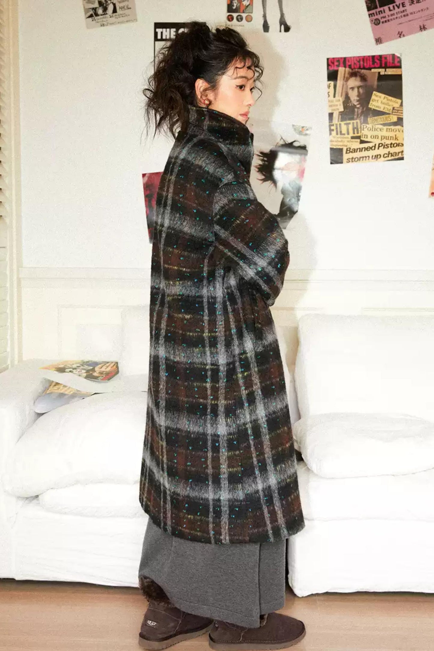 Moonlit Camellia Plaid Tweed Coat