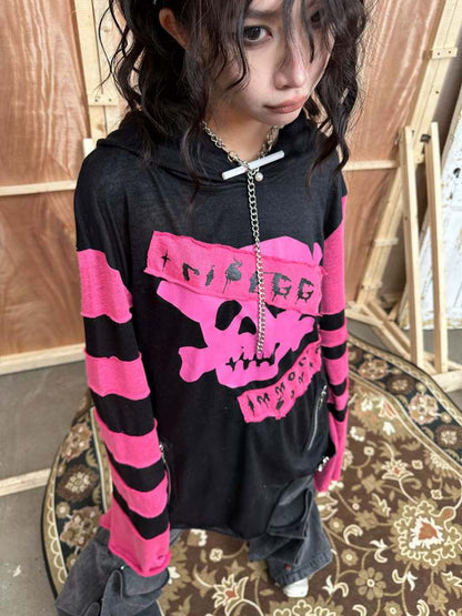 Rock Punk Skull Print Striped Sleeve Hoodie