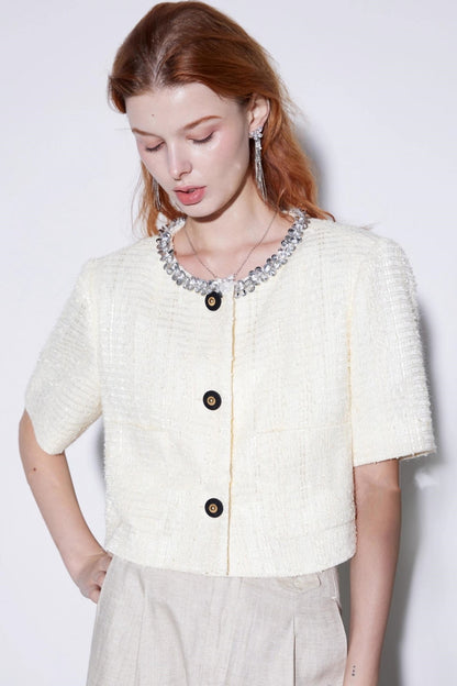 Shiny Beaded Silk Short Sleeve Cardigan