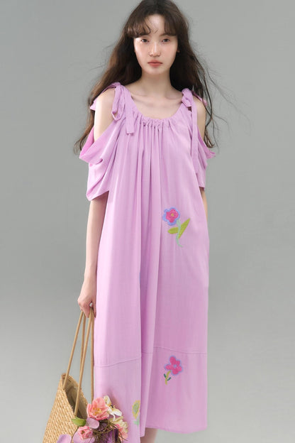 Sweet Peach Nectar Linen Embroidery Dress