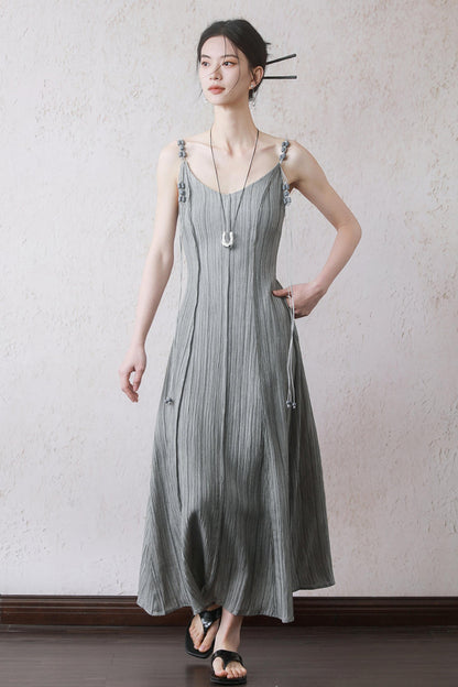 Gray Halter Pleated Dress Set-Up