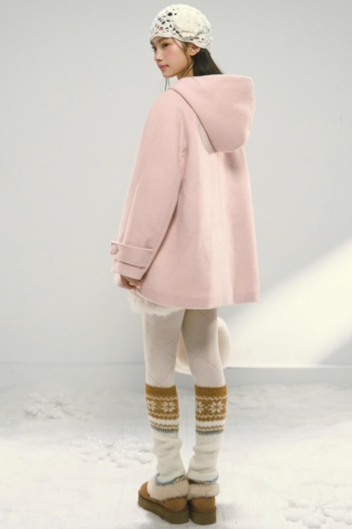 Pink Paneled Plaid Hooded Wool Coat