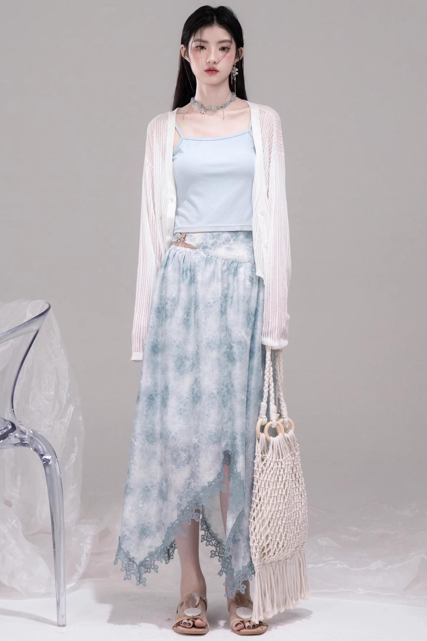 Blue Bow-Collar Shirt & Cutout Skirt Set