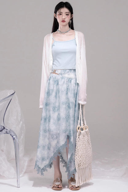 Blue Bow-Collar Shirt & Cutout Skirt Set