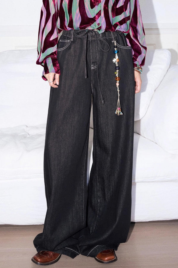 Black Washed Elastic Waist Wide-Leg Jeans