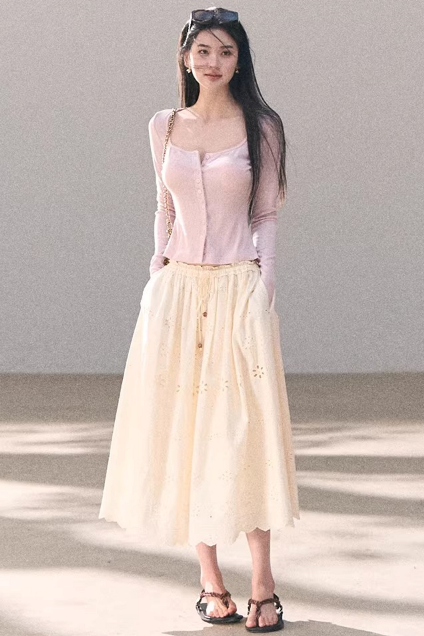 Hollow-Out Ribbed Knit Cardigan