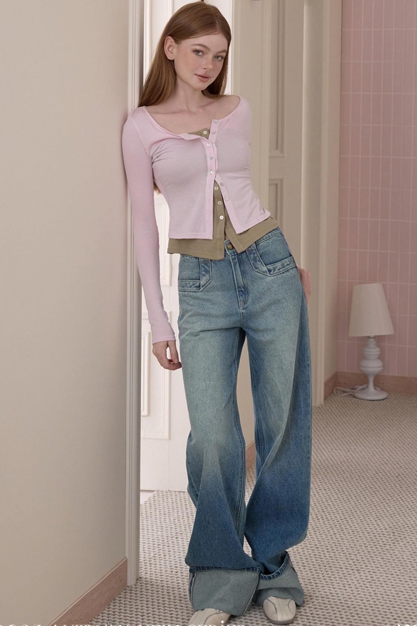 Retro Fashionable Sweet Cuffed Wide-leg Jeans