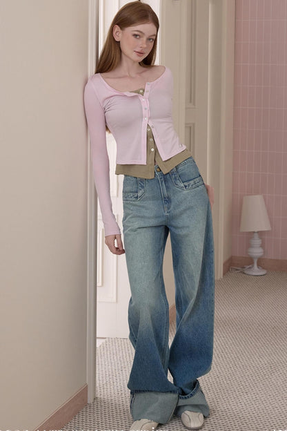 Retro Fashionable Sweet Cuffed Wide-leg Jeans