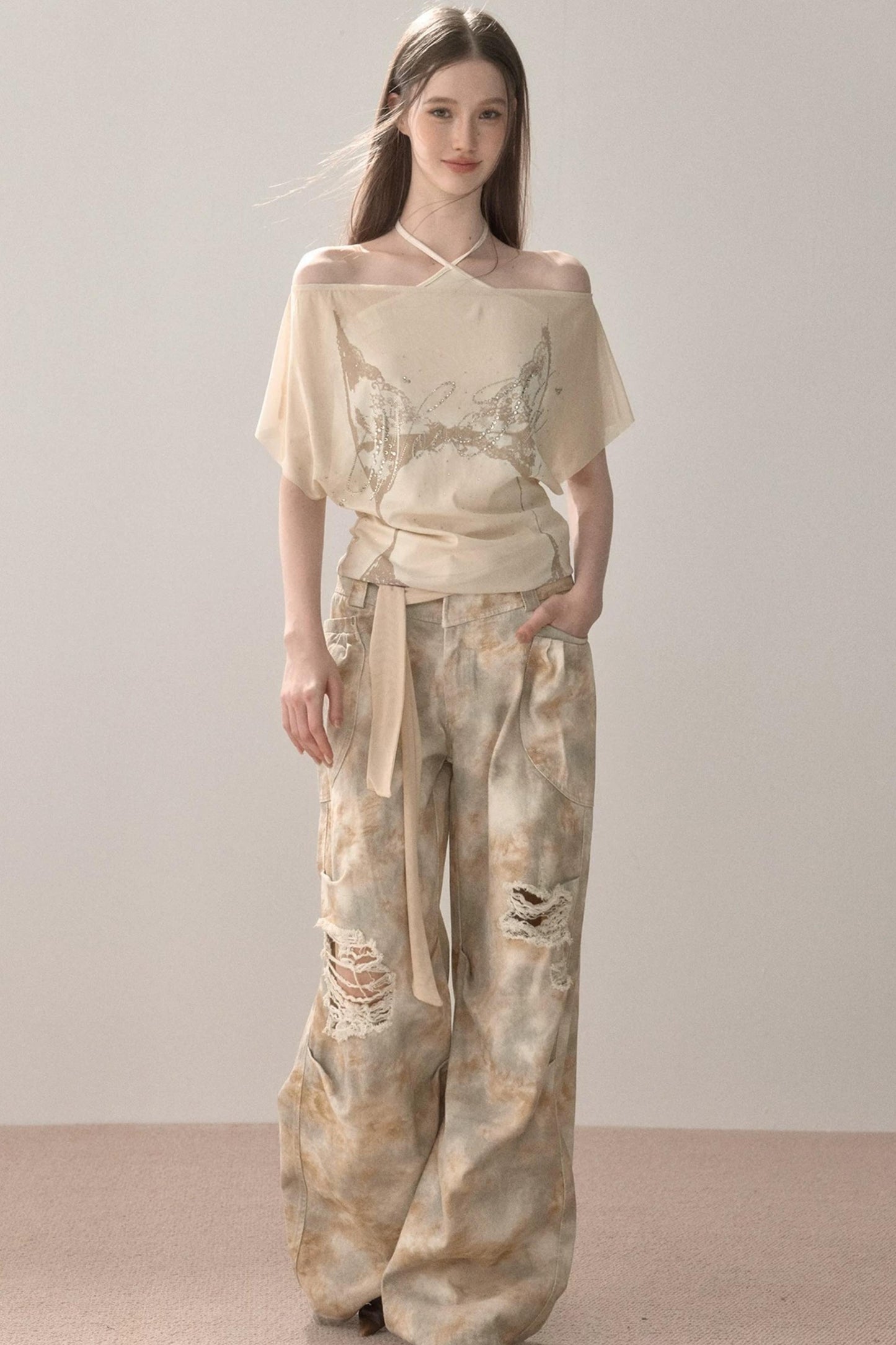 Gradient Wide-Leg Ripped Pants