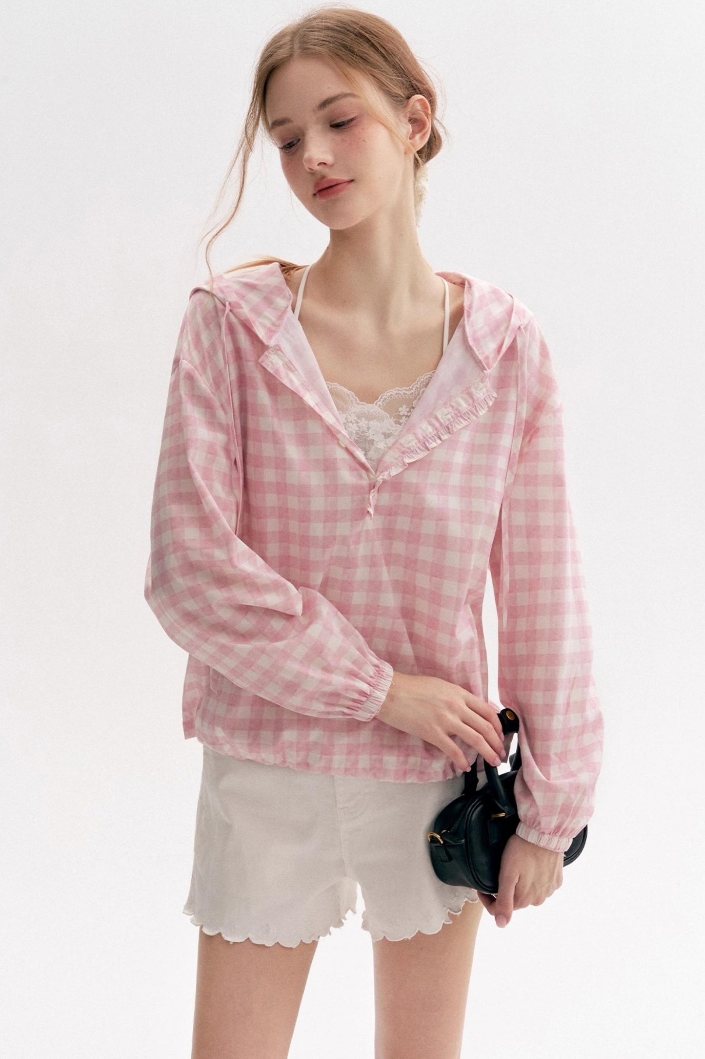 Cream Pink Plaid Lace Hooded Pullover Top
