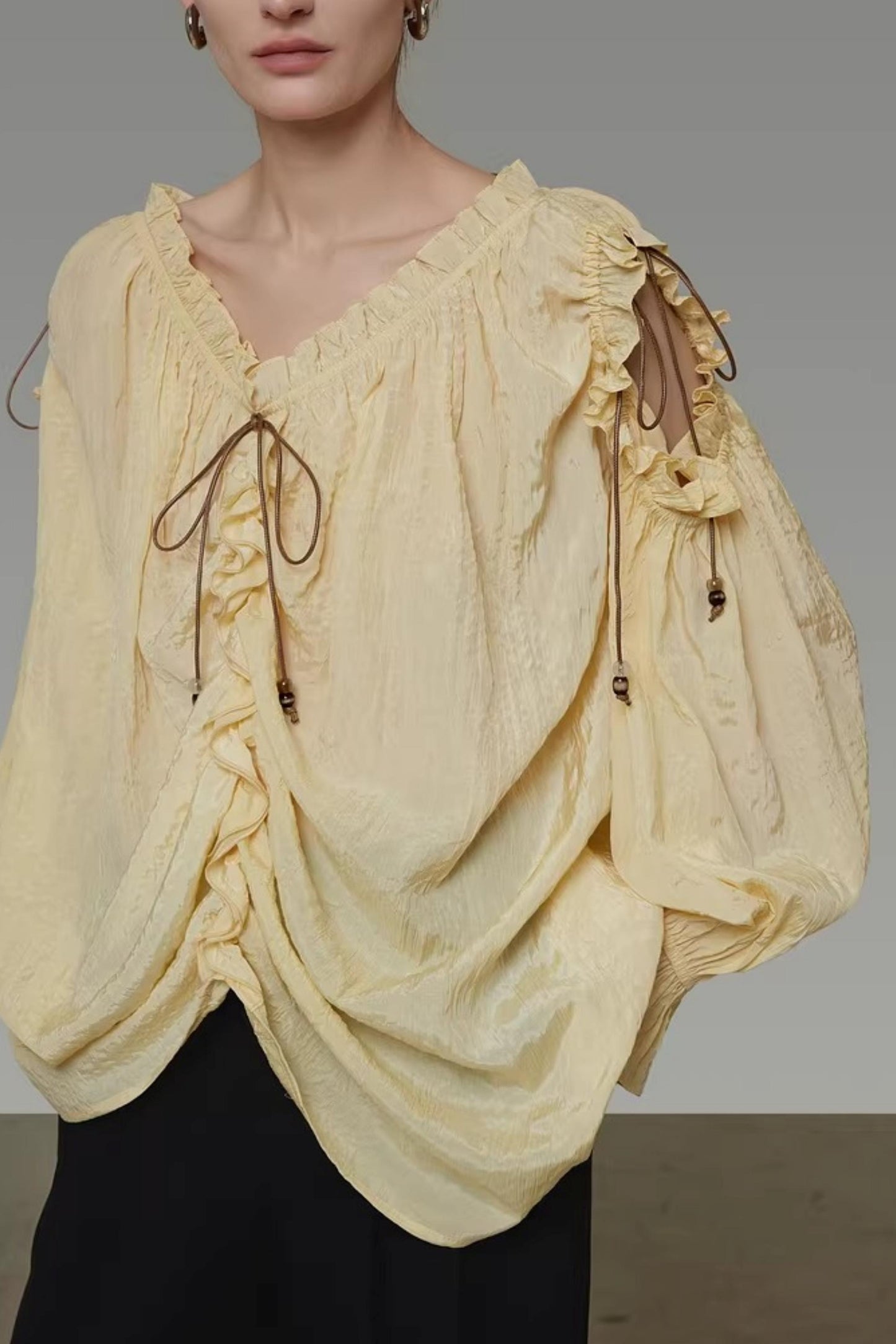 Drawstring Bead V-Neck Shirt