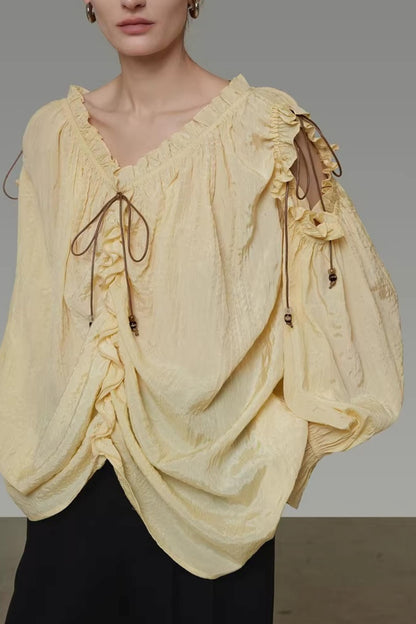 Drawstring Bead V-Neck Shirt