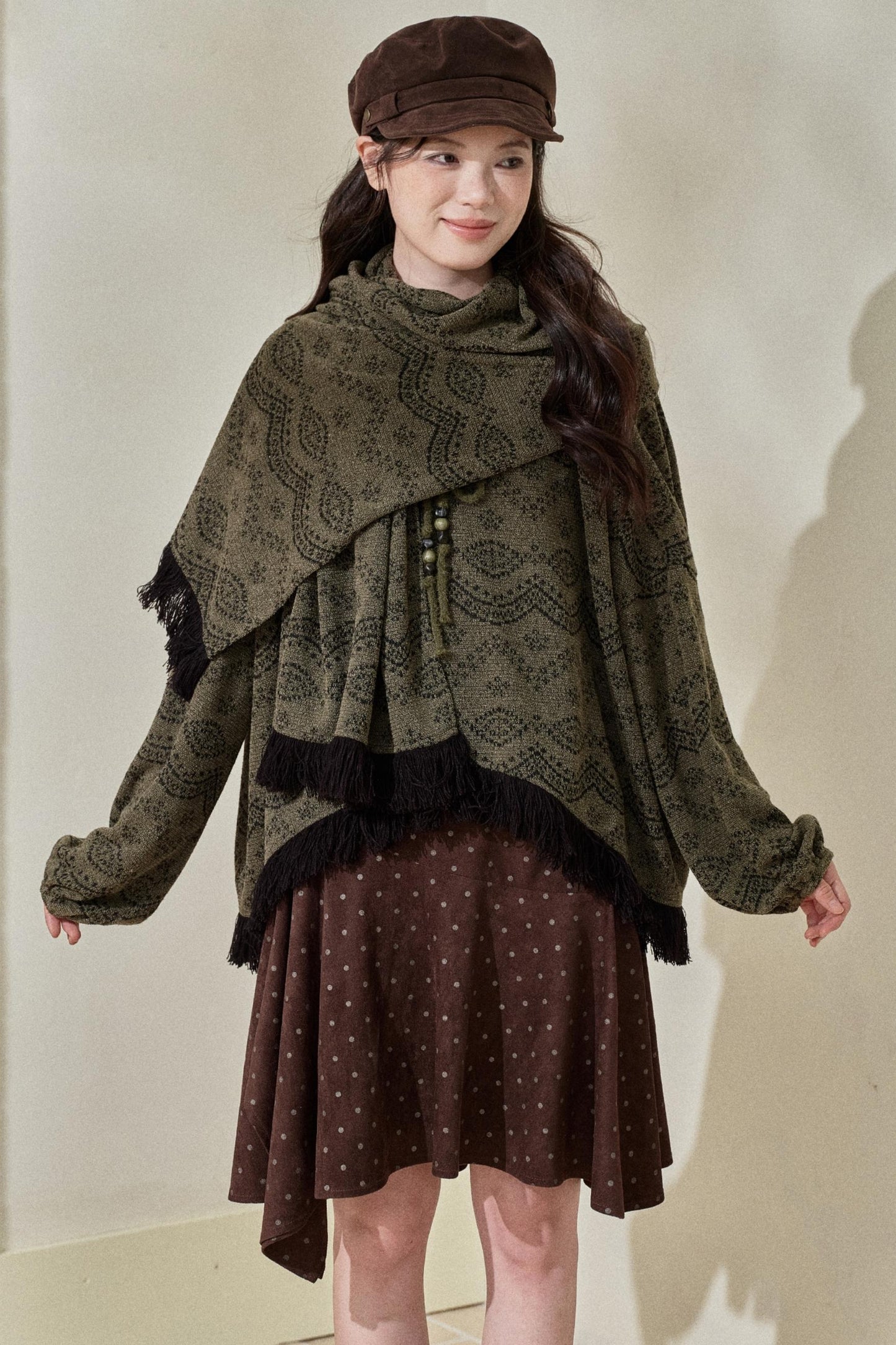 Dark Green Vintage Fringed Top & Scarf Set