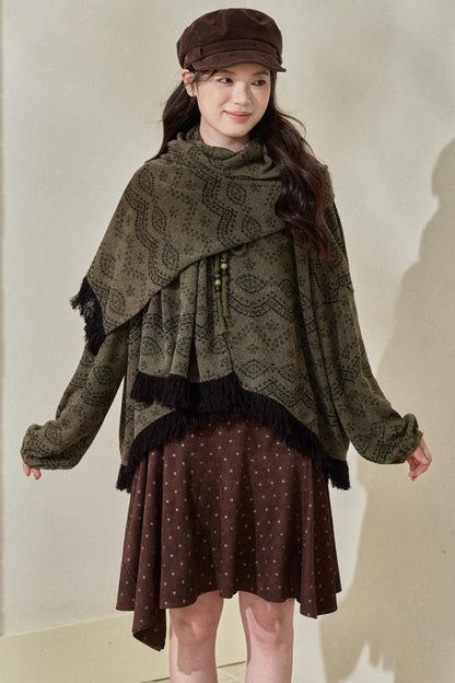 Dark Green Vintage Fringed Top & Scarf Set