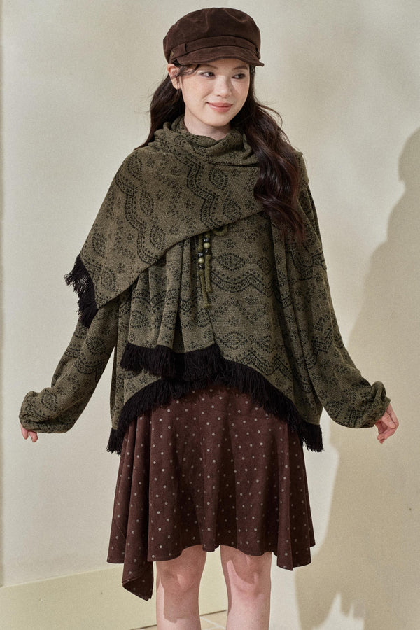 Dark Green Vintage Fringed Top & Scarf Set