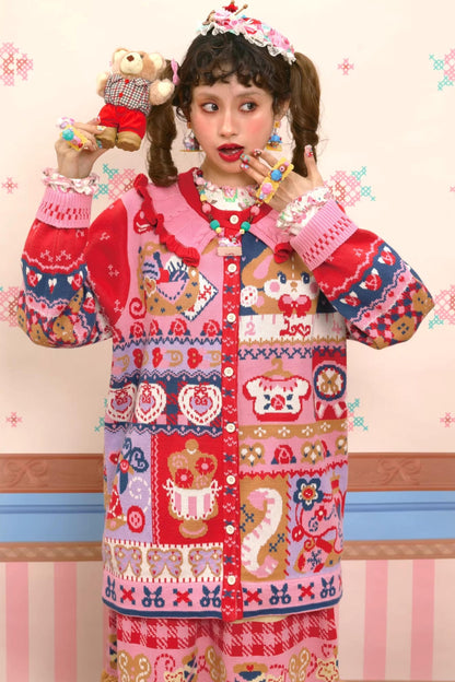 Rot-Marineblaue Jacquard-Strickjacke