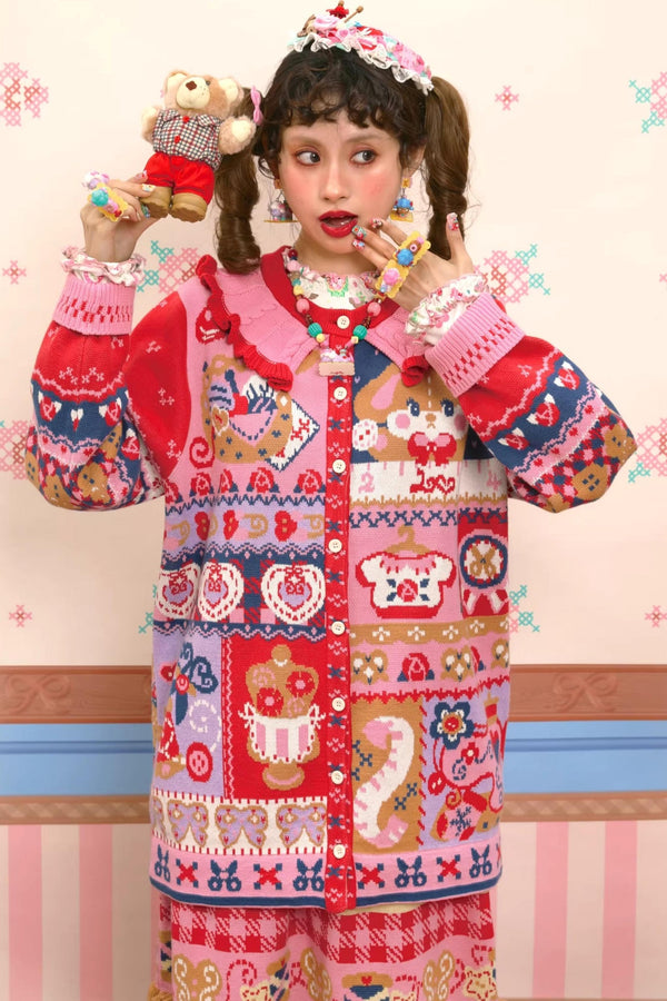Red and Navy Jacquard Cardigan