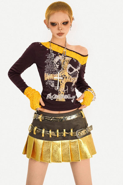 Gold Patchwork Pleated Skirt