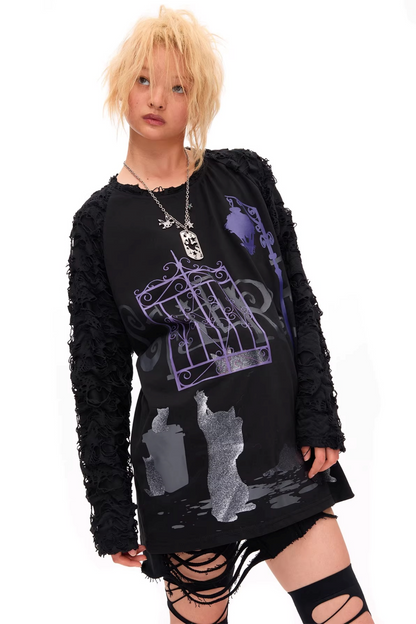 Dunkle-Nacht-Katzen-Print-Bluse