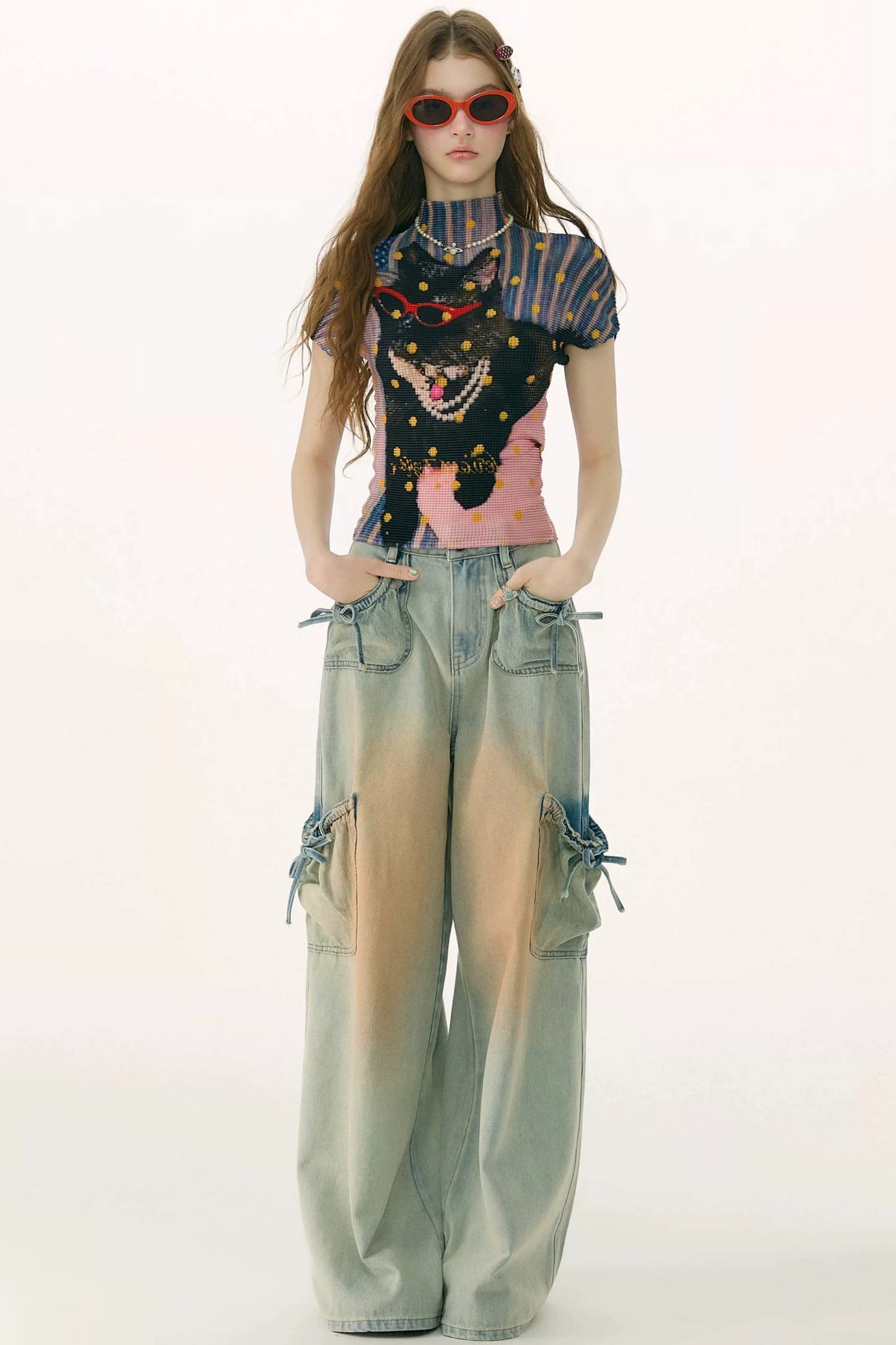High-Waisted Bow-Knot Wide-Leg Denim Pants