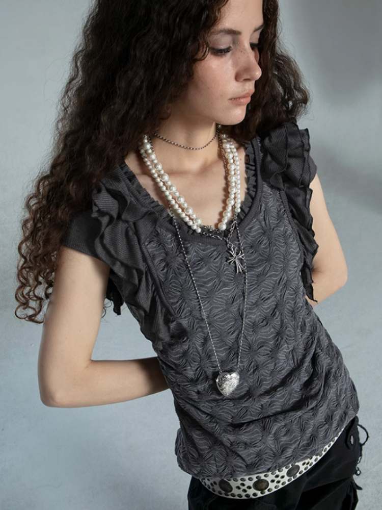 Spider Web Ruffle Round Neck Tee