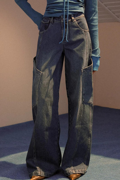 Wide-Leg Diagonal Pocket Jeans