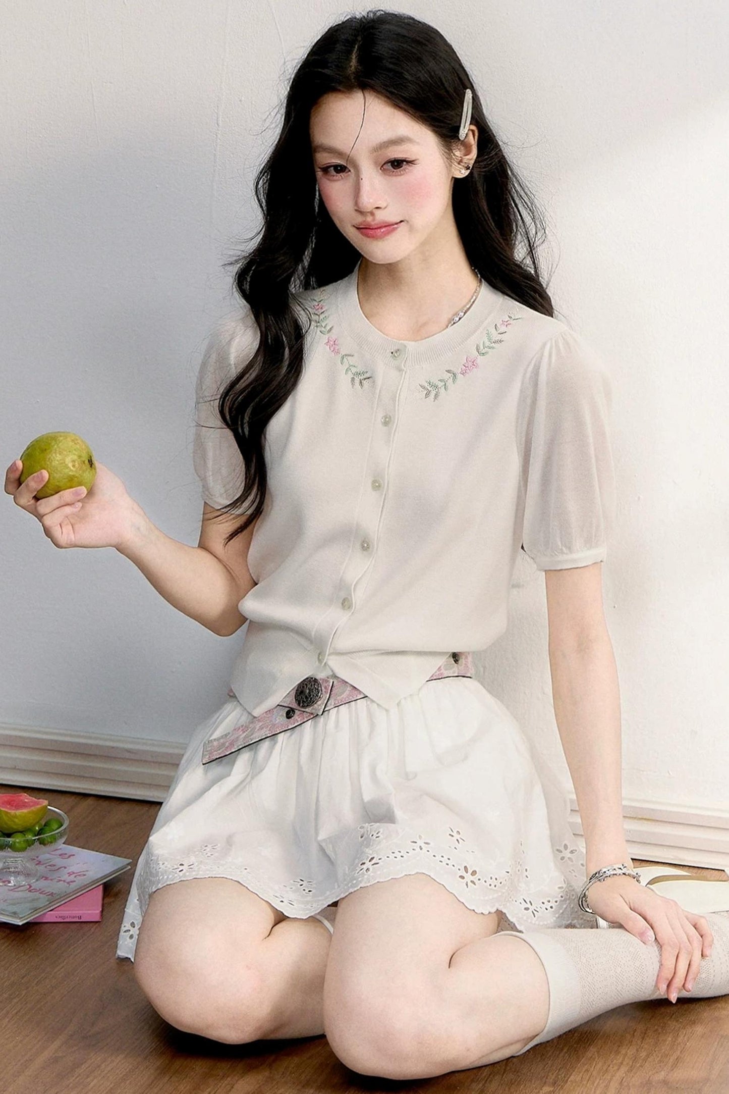 Embroidered Knit Cardigan Top Set-Up