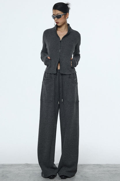 Gray Zipper Slim-Fit Top & Pants Set-Up