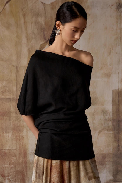 Black Shoulder Irregular Design T-Shirt