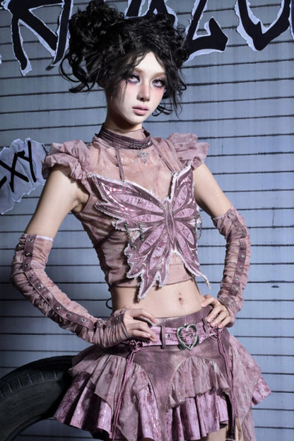 Butterfly Sequins Denim A-Line Skirt