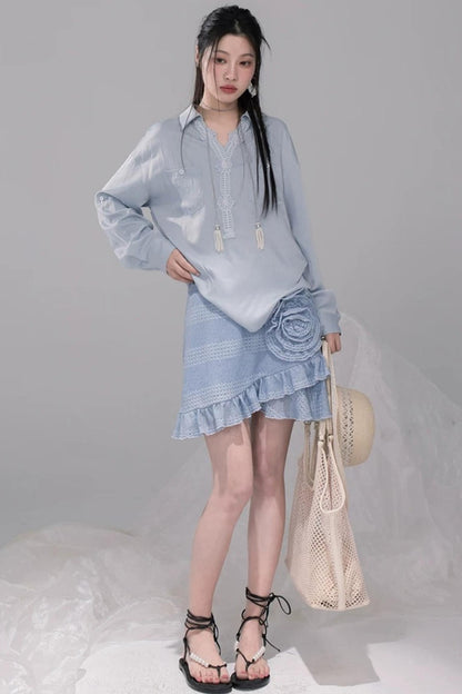 Mist Blue Lace Collar Shirt