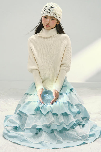 Mint Blue Lace Patchwork Puffy Skirt