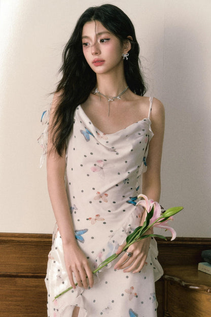 Butterfly Floral Halter Chiffon Maxi Dress