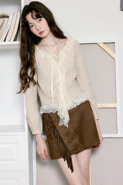 Vintage Coffee Openwork Fringed Suede A-Line Skirt