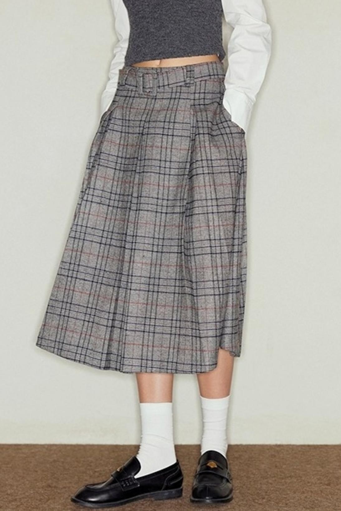 Vintage Gray Plaid Midi Pleated Skirt