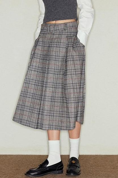 Vintage Gray Plaid Midi Pleated Skirt