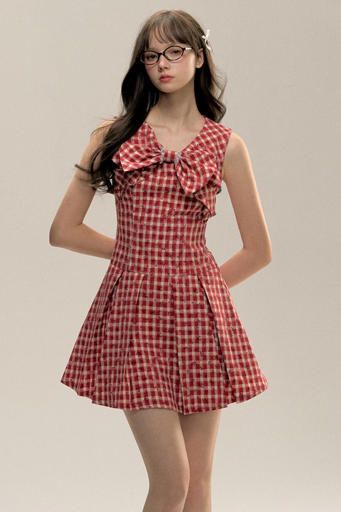 Red Check Floral Bow Vest Dress