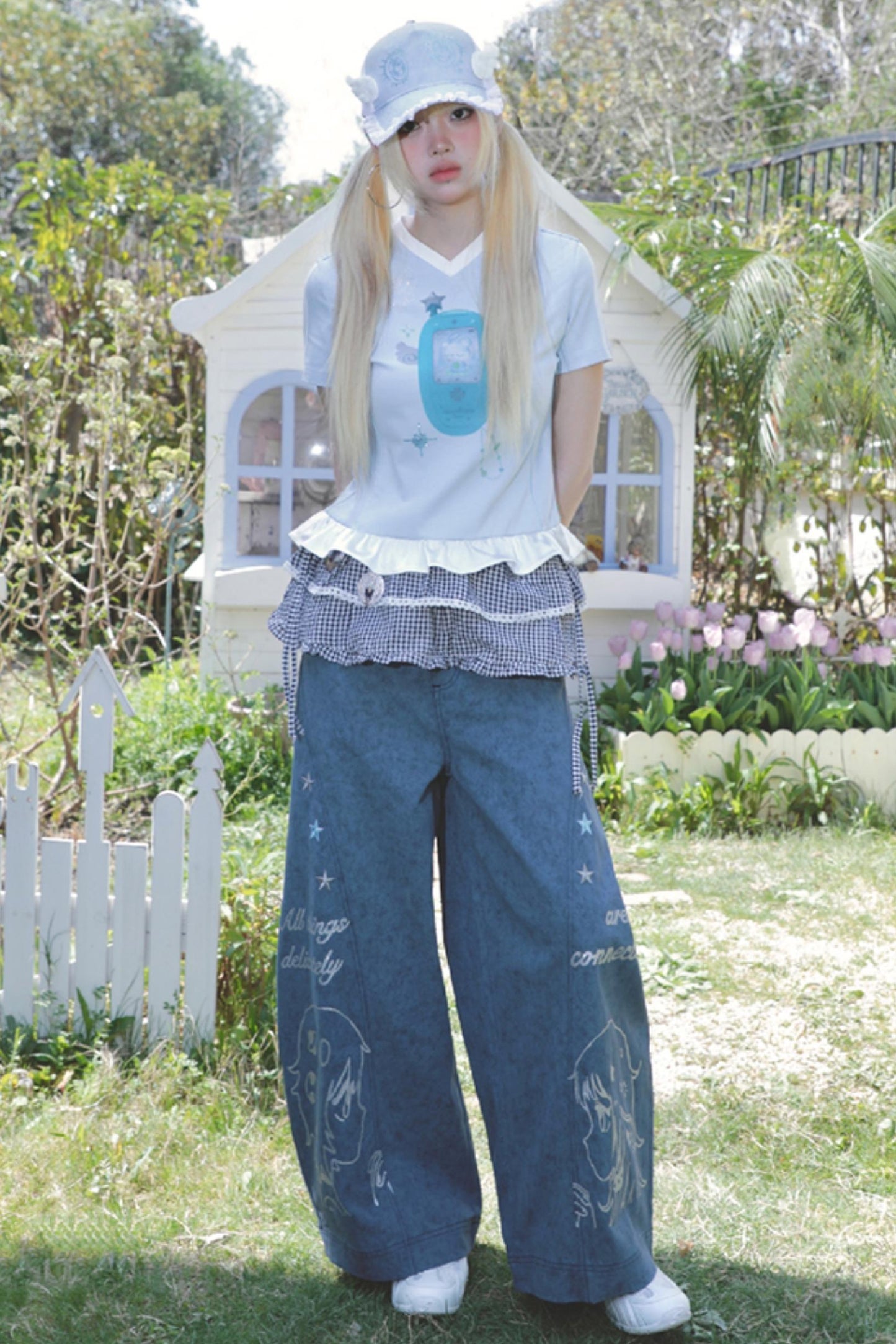 Blue Ruffle V-Neck Tee