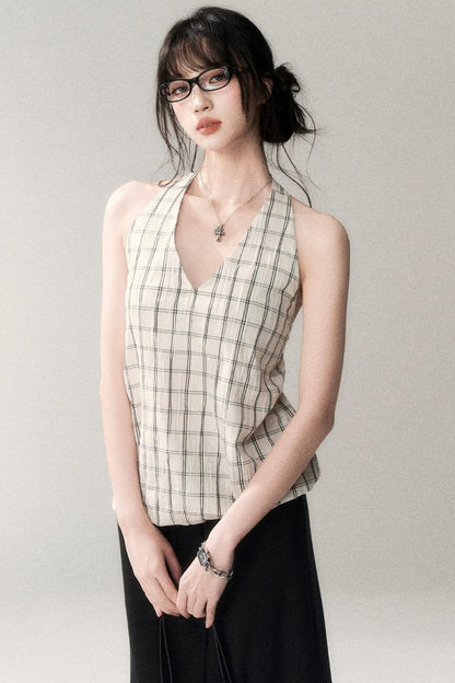 Textured Cotton Plaid Halter Camisole